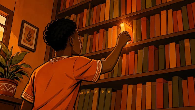 Un jeune homme face à une grande étagère tend la main vers un livre qui s’illumine