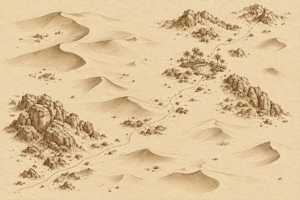 Carte gravée d’un désert sur parchemin